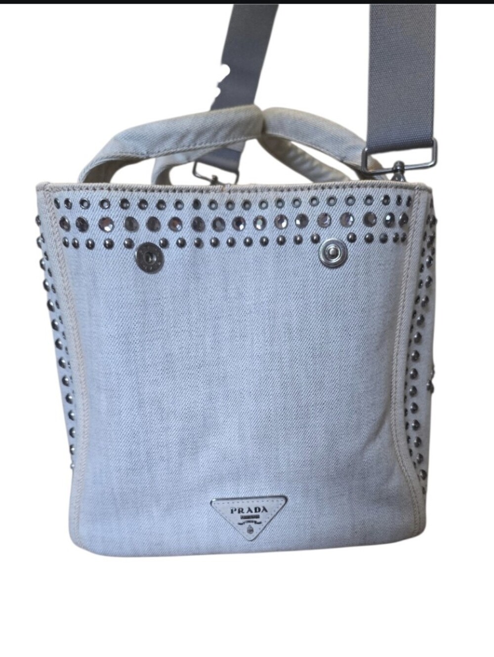 Prada Crystal Studded Lg Canapa Denim Tote w/ Card & Crossbody Strap in EUC - Picture 6 of 16